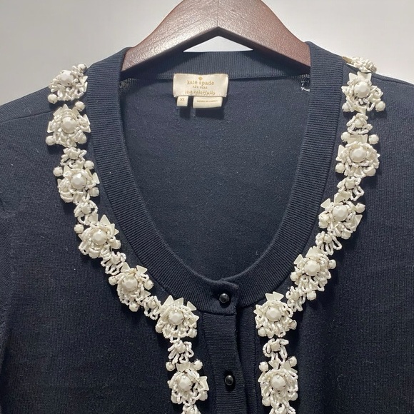 🍀
💯 100% Cotton 
KATE SPADE 
KATI BLACK BEADED Button CARDIGAN SWEATER XL - Picture 2 of 13